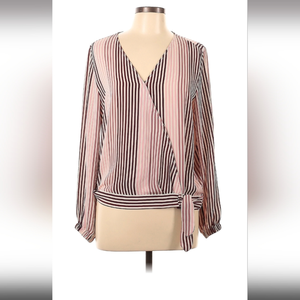 ANN TAYLOR V Neck Striped Long Sleeve Blouse